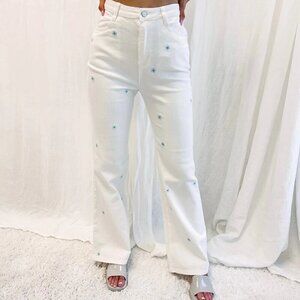 Etiquette White Baby Blue Floral High Waist Y2K Festival Bootcut Denim Jeans